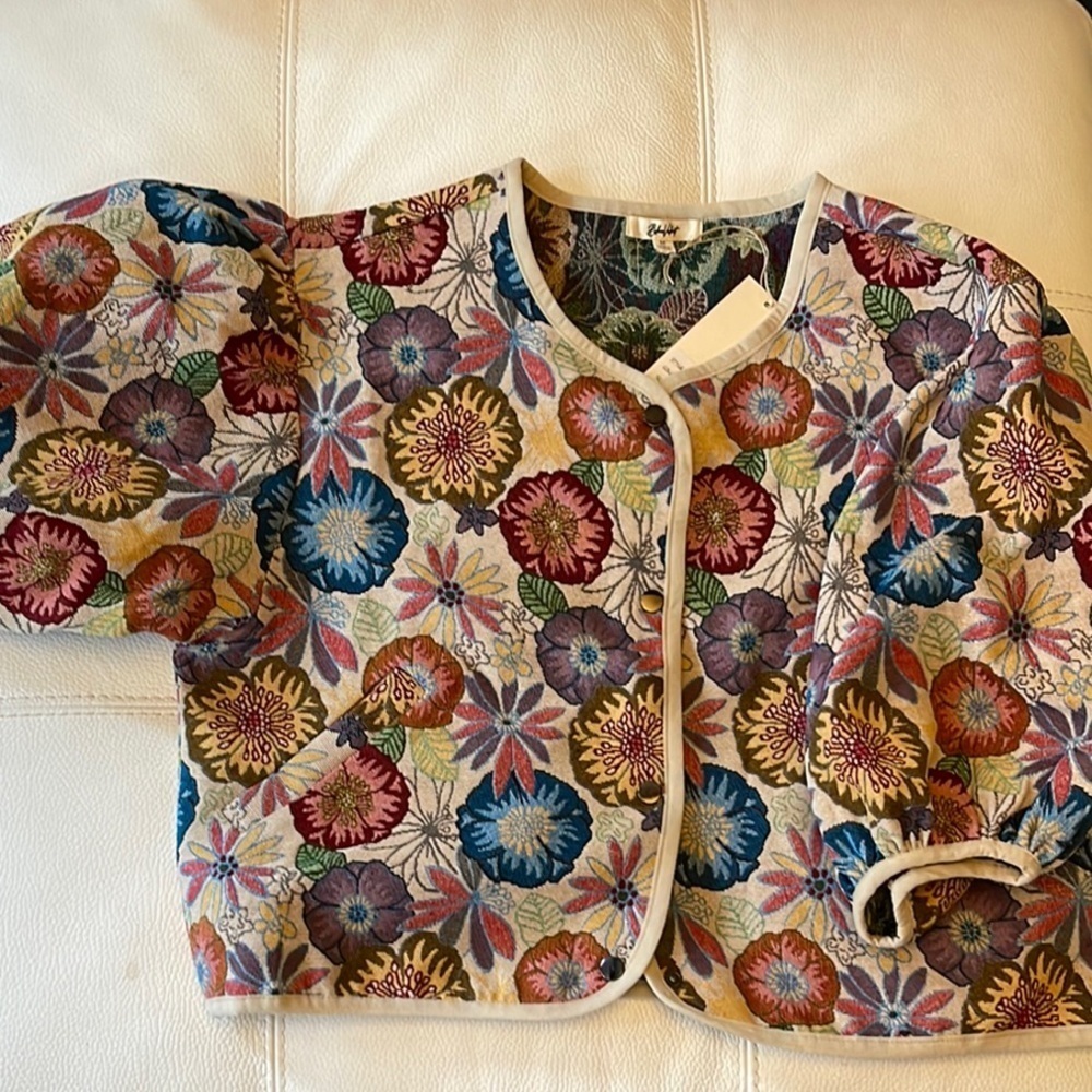 Blue Velvet Floral Crop Puff Sleeve Jacket - Picture 3 of 9